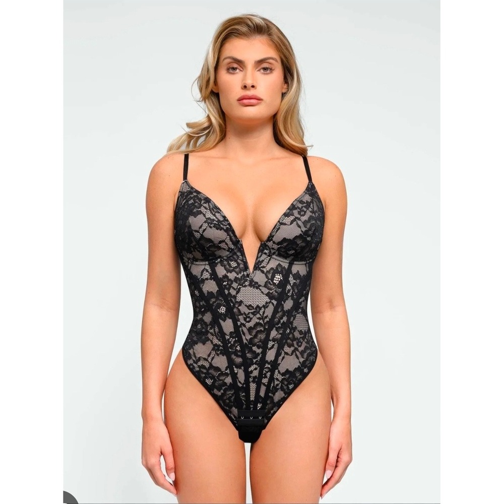 Popilush Shapewear Plunging V-Neck Lace Hourglass Corset Bodysuit Black Large